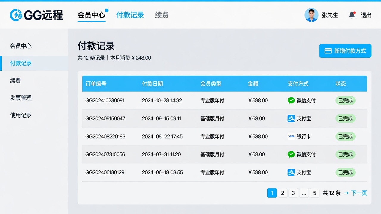 GG远程 会员账单中心